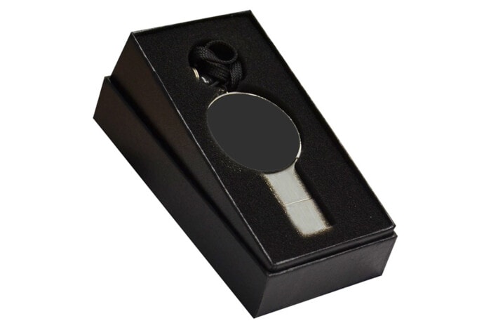 Metall-USB-Stick mit LED-Beleuchtung in rundem Design.